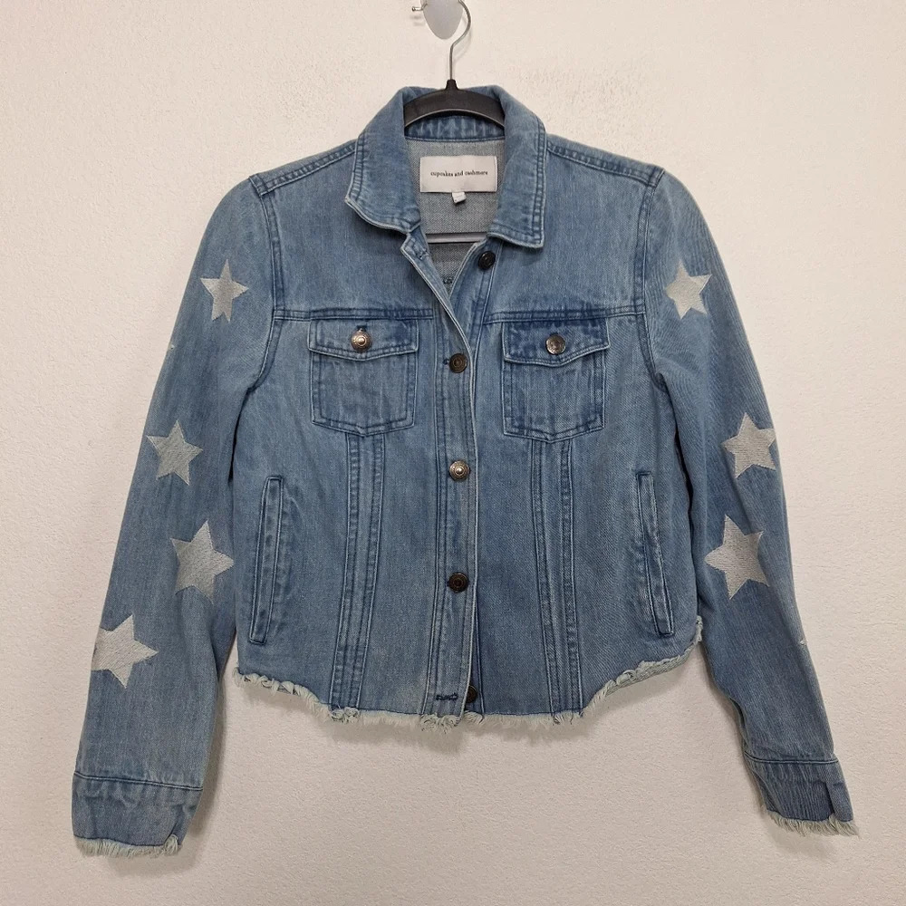 Cupcakes & Cashmere Grunge Affleck Embroidered Stars Frayed Denim Jacket Size S